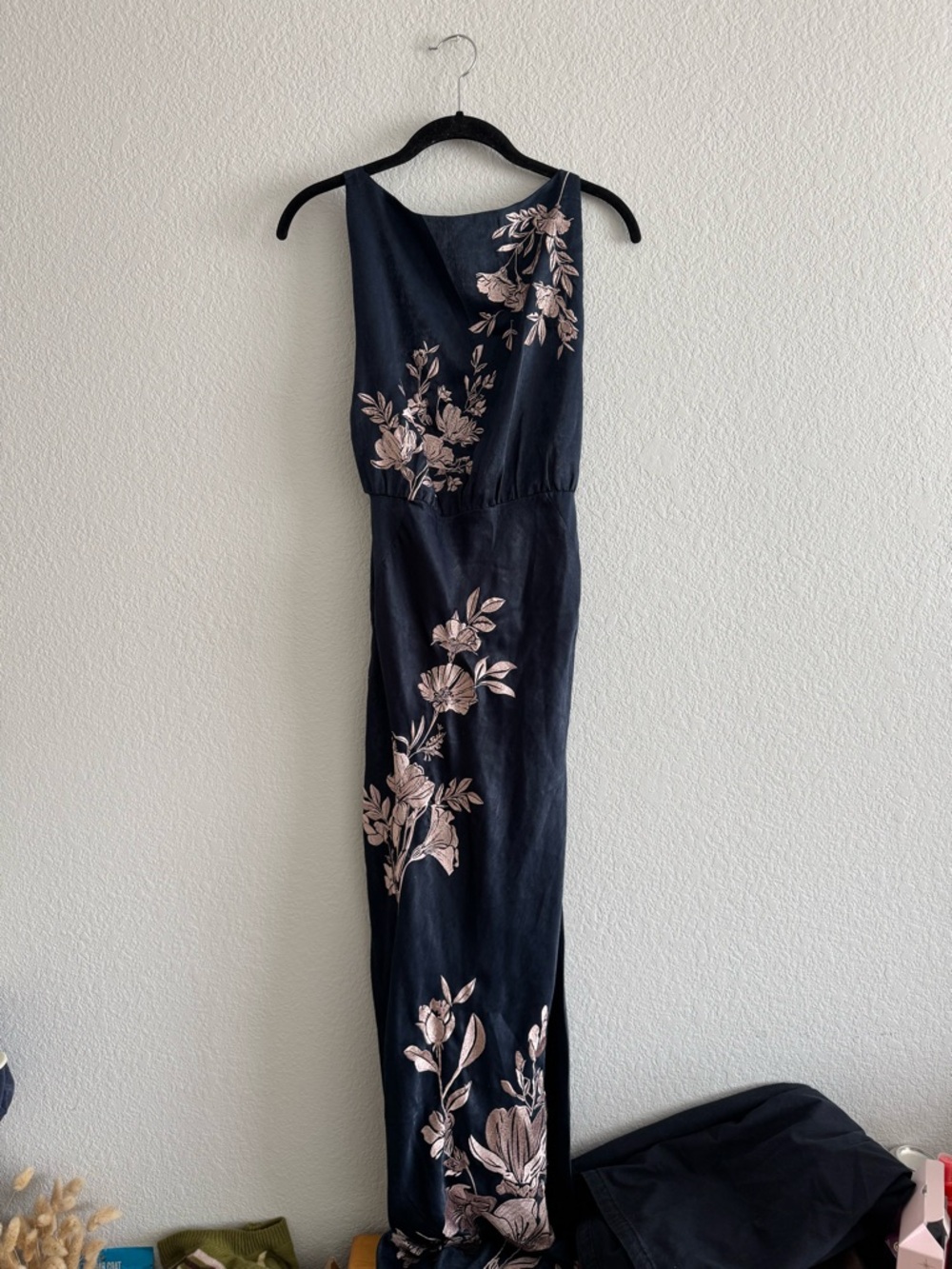 ASOS Navy Blue Satin Floral Embroidered Maxi Dress Cowl Back Elegant Evening - Picture 2 of 7